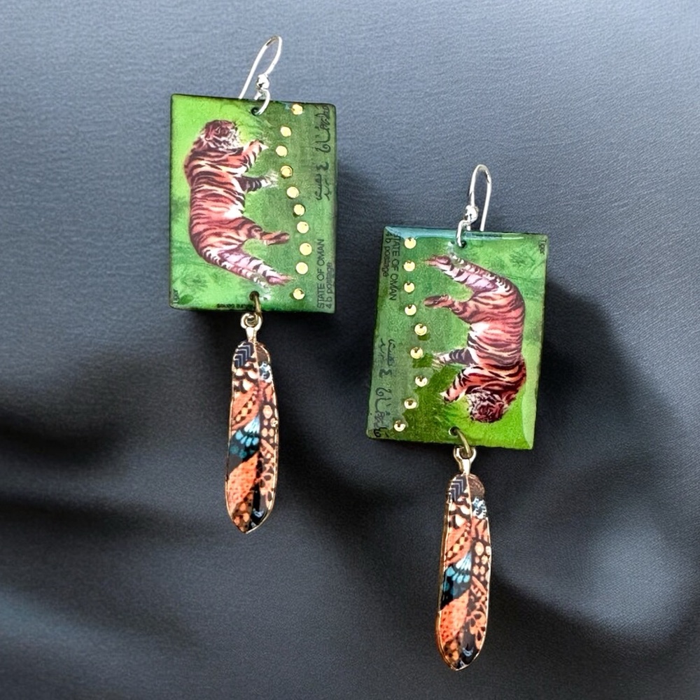 Vintage postage stamps upcycled into earrings tigers 🐅 sterling wires philately